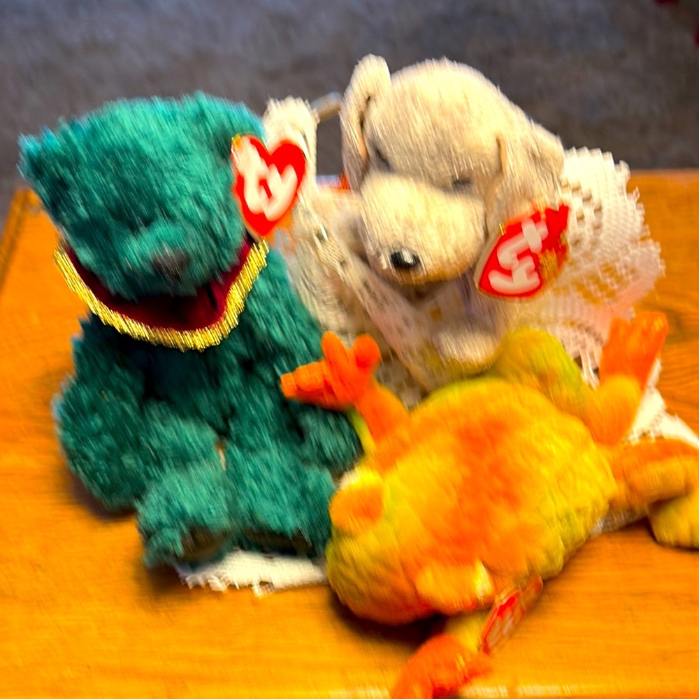 - TY Beanie Babies Trio - Teal Bear, Cream Dog, Orange Frog